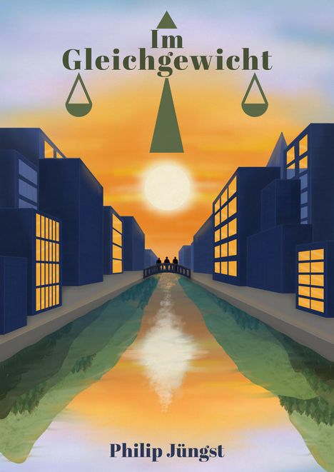 „Im Gleichgewicht“, Illustration mit Fluss, Brücke und Hochhäusern bei Sonnenuntergang.
