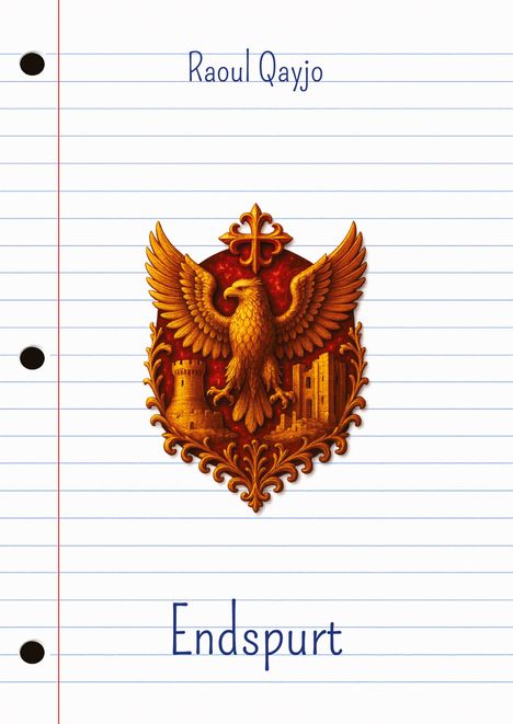 Text: "Raoul Qayjo", "Endspurt". Illustration: Goldener Adler mit Turm auf rotem Schild, auf linierten Hintergrund.
