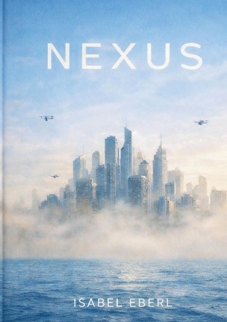 „NEXUS“, „ISABEL EBERL“. Drohnen fliegen über nebelverhüllter futuristischer Stadt und Wasser.