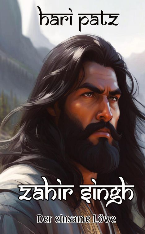 „hari patz“, „zahir singh“, „Der einsame Löwe“. Illustration eines Mannes mit langem, dunklem Haar und Bart.