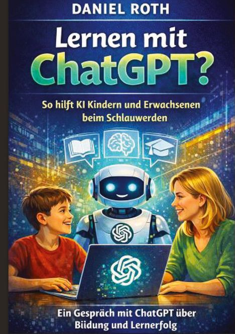 Buchcover: "Lernen mit ChatGPT?" zeigt einen Jungen, eine Frau und einen Roboter, die ein Gespräch führen.