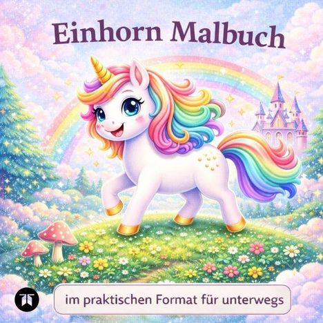 „Einhorn Malbuch“, „im praktischen Format für unterwegs“. Illustration: Ein Einhorn mit Regenbogenmähne auf einer Wiese.
