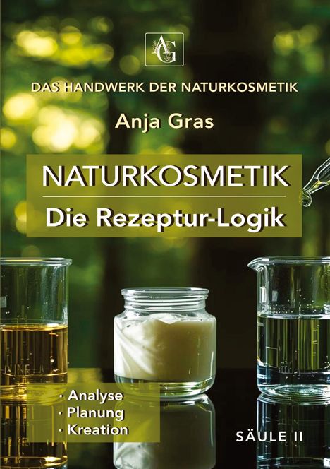 „Das Handwerk der Naturkosmetik“ von Anja Gras über die Rezeptur-Logik, zeigt drei Gläser mit Flüssigkeiten und Creme.