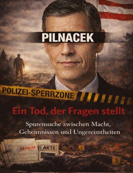 „PILNACEK“ über einem Gesicht, „POLIZEI-SPERRZONE“, „Ein Tod, der Fragen stellt“, Akten mit „GEHEIM“ und „AKTE“.