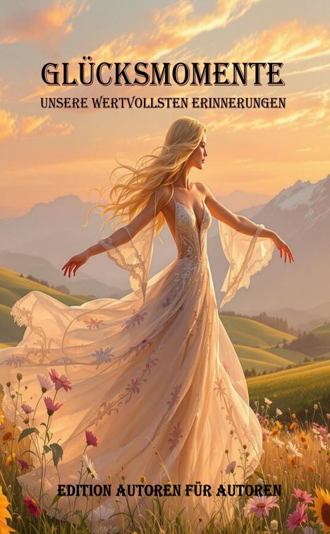 GLÜCKSMOMENTE: UNSERE WERTVOLLSTEN ERINNERUNGEN. Eine Frau in einem fließenden Kleid auf einer blühenden Wiese bei Sonnenuntergang.