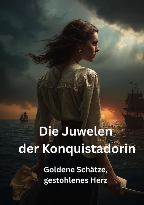 Die Texte lauten: "Die Juwelen der Konquistadorin" und "Goldene Schätze, gestohlenes Herz." Eine Frau schaut aufs Meer.