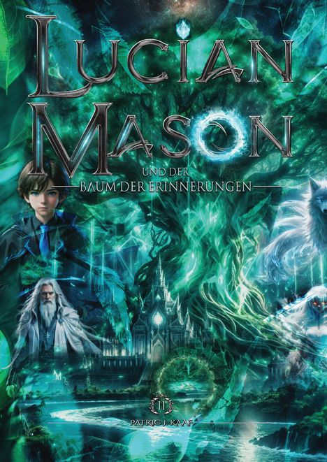 "Lucian Mason und der Baum der Erinnerungen" in einer fantasievollen Landschaft mit einem jungen Jungen und einem Wolf.