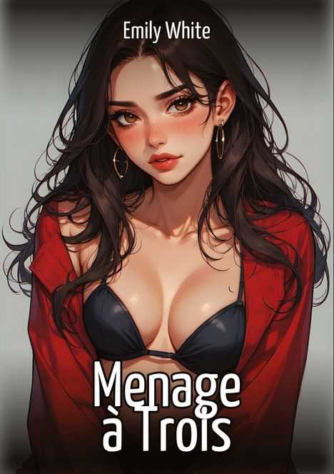 Text: "Emily White" oben, "Menage à Trois" unten. 
Illustration: Frau mit langen Haaren, roten Wangen, schwarzem Top, rotem Tuch.