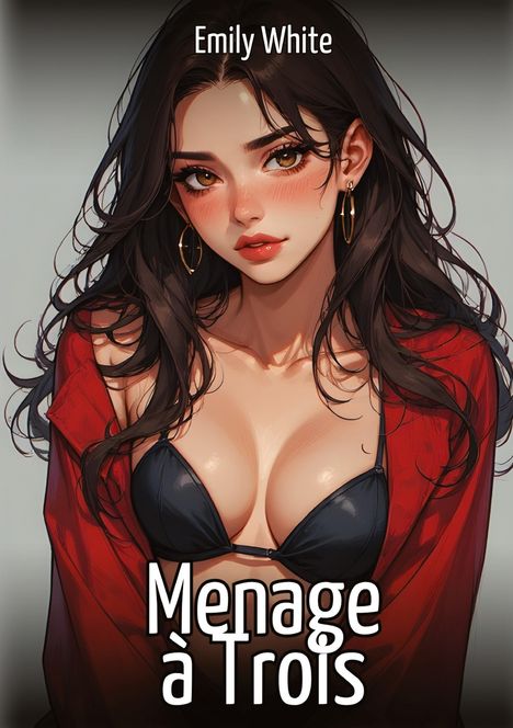 "Emily White" oben, "Menage à Trois" unten. Illustration einer Frau mit langen Haaren, roten Wangen und rotem Oberteil.