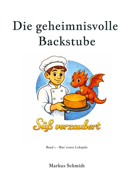 „Die geheimnisvolle Backstube: Süß verzaubert“. Ein Bäcker mit Kuchen und Drachen. „Band 1 - Max' erstes Lehrjahr“. Autor: Markus Schmidt.