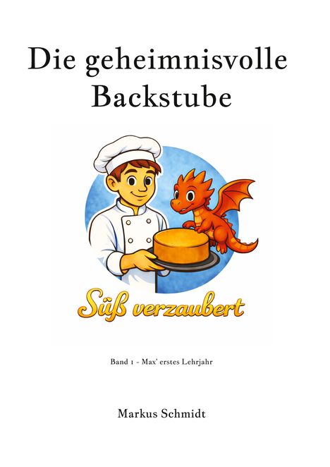 „Die geheimnisvolle Backstube: Süß verzaubert.“ Zeichnung: Ein Bäcker mit Kuchen und kleinem roten Drachen.