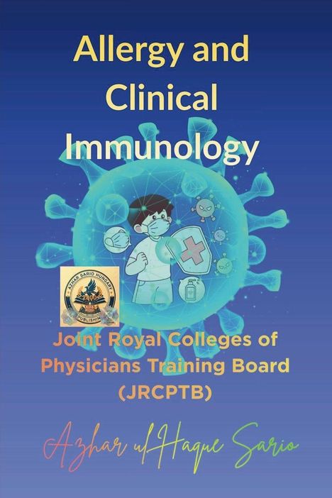 „Allergy and Clinical Immunology“, Illustration eines Kindes mit Maske und Schild, umgeben von Viren, JRCTPB-Text.