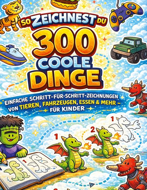 "So zeichnest du 300 coole Dinge." Illustration von niedlichen Tieren, Fahrzeugen und einem Zeichenbuch mit einem Drachen.