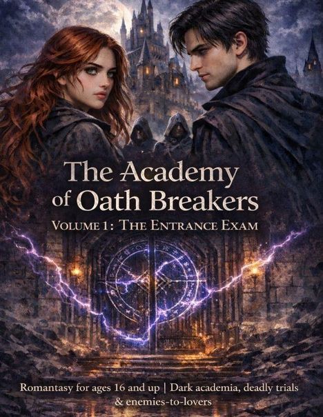 „The Academy of Oath Breakers, Volume 1: The Entrance Exam.“ Zwei Personen in dunkler Kleidung vor einem geheimnisvollen Tor.