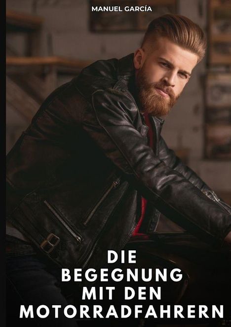 "Die Begegnung mit den Motorradfahrern" - Ein Mann mit Vollbart in Lederjacke schaut ernst in die Kamera.