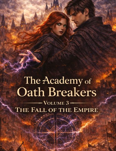 Illustration zu "The Academy of Oath Breakers, Volume 3: The Fall of the Empire" mit zwei Personen vor brennender Kulisse.