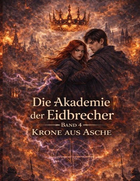 „Die Akademie der Eidbrecher, Band 4, Krone aus Asche.“ Zwei Personen in dunkler Umgebung, feurige Krone oben.