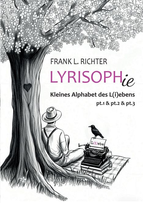 Text: "FRANK L. RICHTER LYRISOPHie Kleines Alphabet des L(i)ebens pt.1 & pt.2 & pt.3." Illustration: Person unter Baum mit Schreibmaschine.
