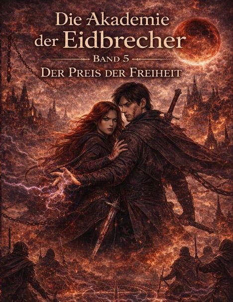 „Die Akademie der Eidbrecher, Band 5: Der Preis der Freiheit.“ Zwei Personen in dunkler Kleidung, dramatisch und fantasievoll.