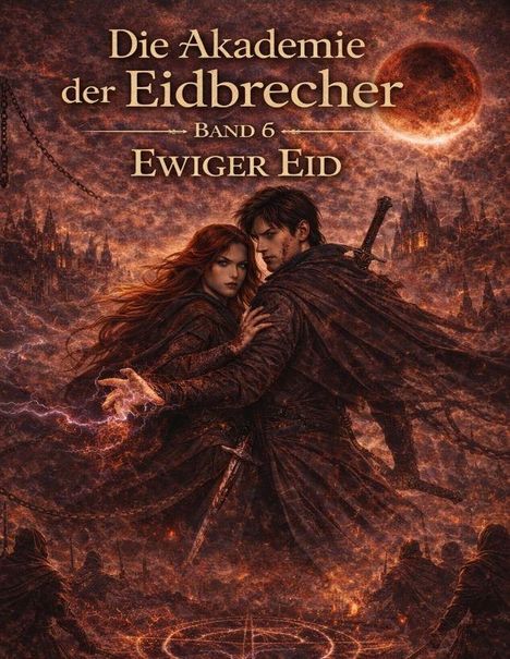 "Die Akademie der Eidbrecher Band 6 Ewiger Eid". Illustration: Zwei Personen umarmen sich, ein Schwert in Rückenansicht, düstere Szene.