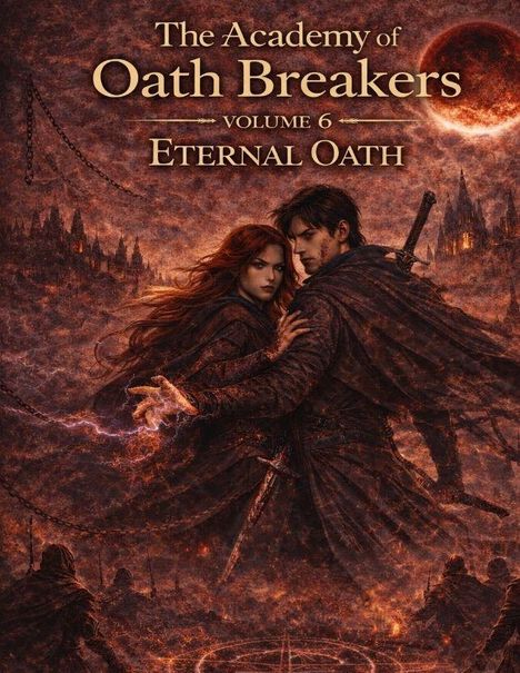 „The Academy of Oath Breakers, Volume 6: Eternal Oath“; Illustration mit zwei Personen, rote Mondlandschaft.
