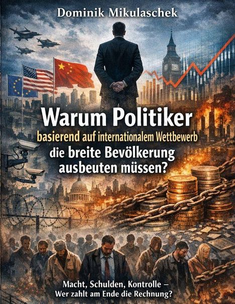Ein Mann im Anzug steht vor globalen Symbolen, beobachtet von Überwachungskameras und Menschenmengen mit Geldmünzen im Vordergrund.