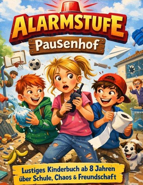 "ALARMSTUFE Pausenhof" oben, unten "Lustiges Kinderbuch ab 8 Jahren über Schule, Chaos & Freundschaft". Illustration von Kindern in chaotischem Schulhof.
