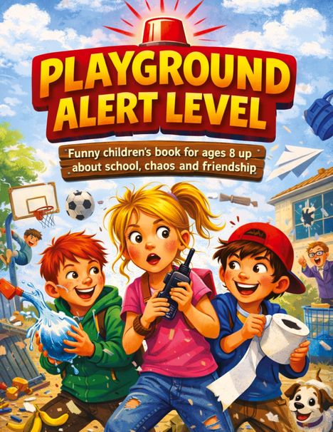 „PLAYGROUND ALERT LEVEL“, humorvolles Kinderbuch ab 8 Jahren über Schule, Chaos, Freundschaft. Illustration zeigt spielende Kinder.