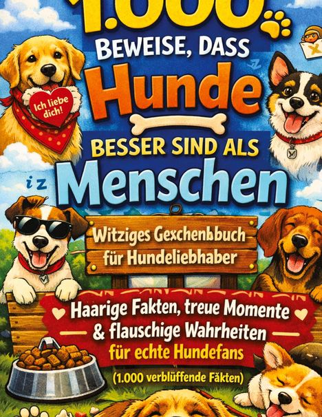 Bunte Illustration mit Hunden, Text: "1.000 Beweise, dass Hunde besser sind als Menschen. Witziges Geschenkbuch für Hundeliebhaber."