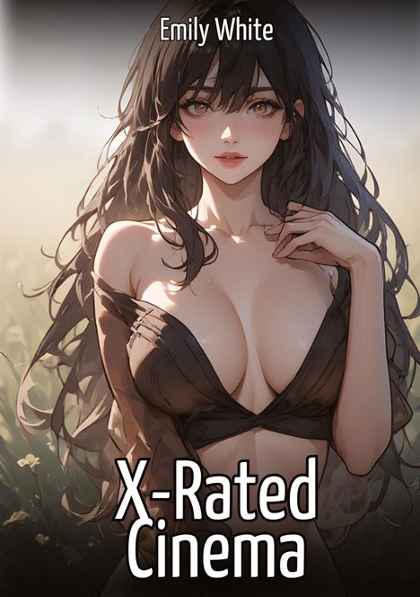 "Emily White", "X-Rated Cinema". Illustration einer Frau mit langen, dunklen Haaren und offenem Oberteil in Naturkulisse.