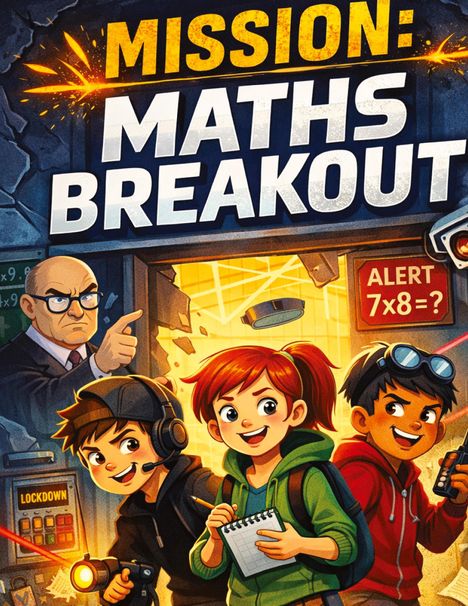 Texte: "MISSION: MATHS BREAKOUT", "ALERT 7x8=?", "LOCKDOWN". Drei Kinder in Abenteuerkleidung, Lehrer im Hintergrund.