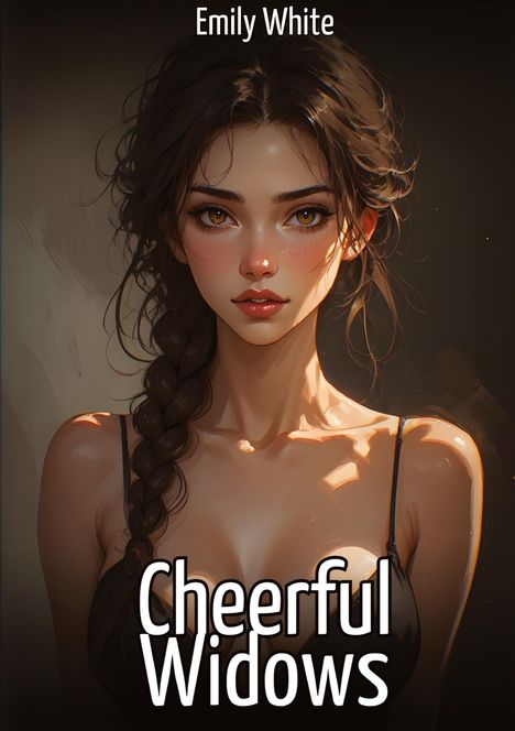 "Emily White" und "Cheerful Widows" steht oben. Illustration einer Frau mit langen Zöpfen und intensivem Blick.