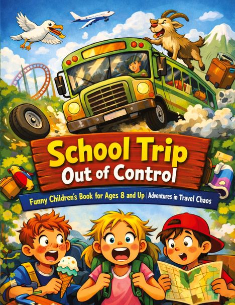 „School Trip Out of Control“ steht auf einem Buchcover. Ein Bus fliegt chaotisch über eine Landschaft.