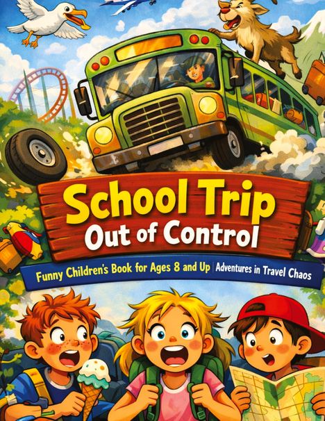 „School Trip Out of Control“, „Funny Children's Book for Ages 8 and Up“. Ein Hund springt über einen gelben Bus. Drei erschrockene Kinder.