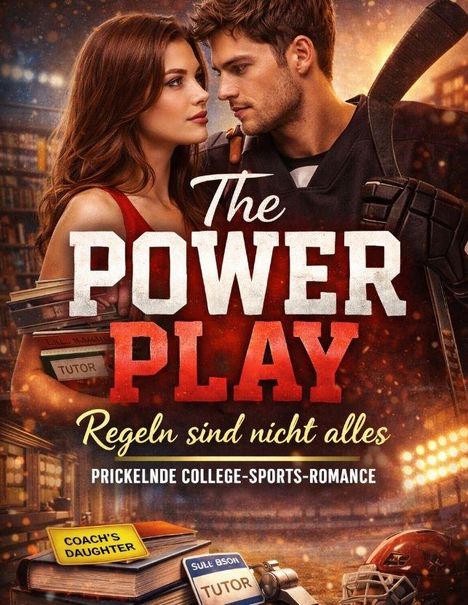 Text: "The Power Play, Regeln sind nicht alles, Prickelnde College-Sports-Romance." Eine Frau und ein Mann, Bücher und Sportausrüstung.