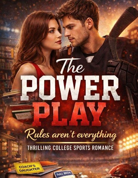 "The Power Play" Titel, "Rules aren’t everything", "Thrilling College Sports Romance." Illustration mit Paar in naher Distanz.