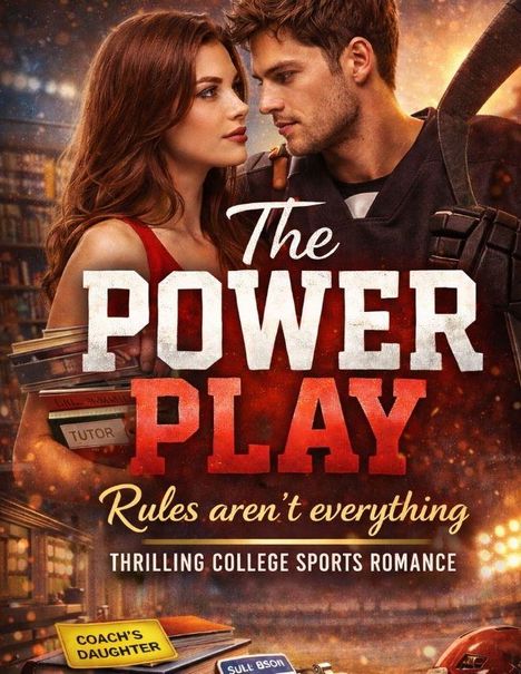"The Power Play. Rules aren't everything. Thrilling College Sports Romance." Zwei Menschen tauschen intensive Blicke aus.