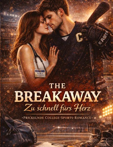 "The Breakaway: Zu schnell fürs Herz. Prickelnde College-Sports-Romance." Ein Paar in enger Umarmung auf einem Sportfeld.