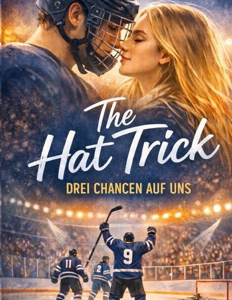 "The Hat Trick - Drei Chancen auf uns". Ein Hockeyspieler und eine Frau kuscheln, darunter feiernde Spieler im Stadion.