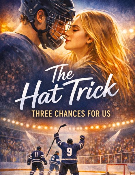 "The Hat Trick: Three Chances for Us". Ein Eishockeyspieler in Uniform, Helm, nahe an einer Frau; Eishockeyspiel-Szene.