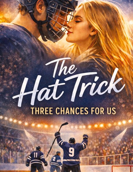 "The Hat Trick: Three Chances for Us" steht in verspielter Schrift. Eine Frau und ein Hockeyspieler kommen sich nahe.