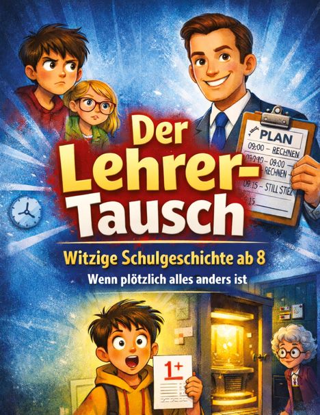 „Der Lehrer-Tausch. Witzige Schulgeschichte ab 8. Wenn plötzlich alles anders ist.“ Illustration mit Schülern und Lehrer.