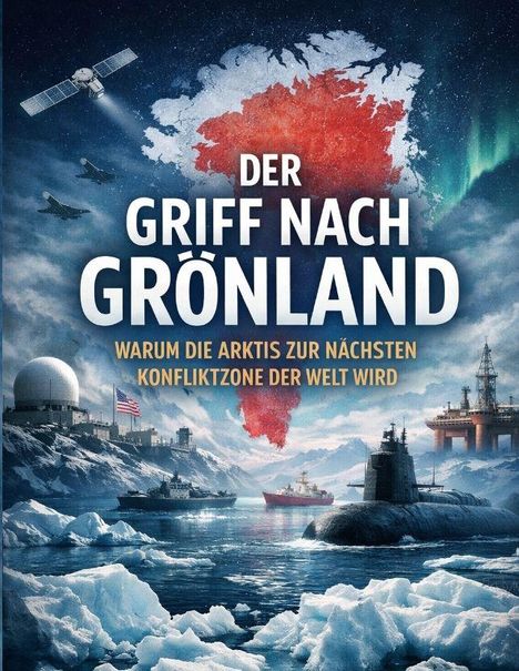 Text: "Der Griff nach Grönland. Warum die Arktis zur nächsten Konfliktzone der Welt wird." Illustration mit Eisbergen, Schiffen, U-Boot und Satellit.