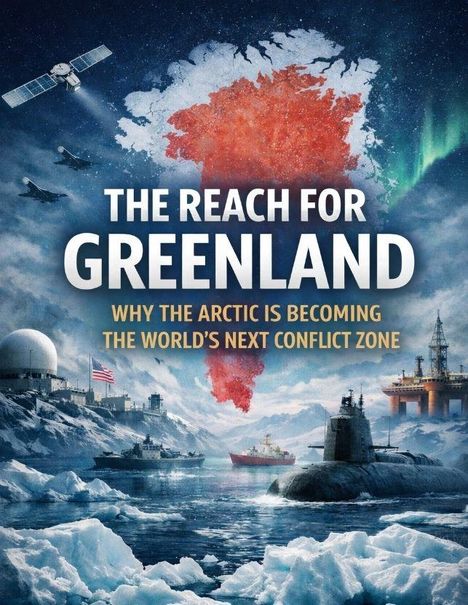 THE REACH FOR GREENLAND: Eislandschaft, U-Boote, Schiffe, Flugzeuge, Satellit, Ölplattform, US-Flagge, Nordlichter.