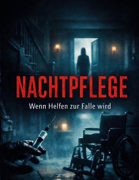 „NACHTPFLEGE: Wenn Helfen zur Falle wird“. Eine Person mit Spritze, ein Rollstuhl, dunkle Kulisse, unheimliche Atmosphäre.
