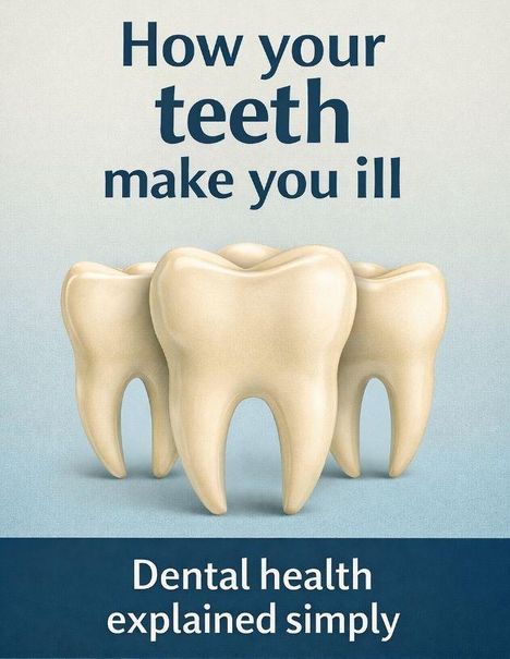 "How your teeth make you ill. Dental health explained simply." Drei große, detaillierte Zahnillustrationen.