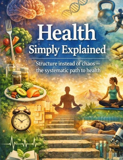 „Health Simply Explained“ und „Structure instead of chaos – the systematic path to health“. Collage mit Gesundheitsthemen.