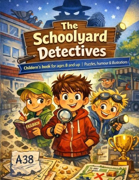 Titel: "The Schoolyard Detectives". Ein Abenteuerbuch für Kinder ab 8 Jahren mit Rätseln und Humor. Drei Kinder sind abgebildet, eines hält eine Lupe, eins ein Buch und das dritte eine Taschenlampe. Ein Mann im Hintergrund, eine Trophäe und eine Karte sind auch zu sehen.
