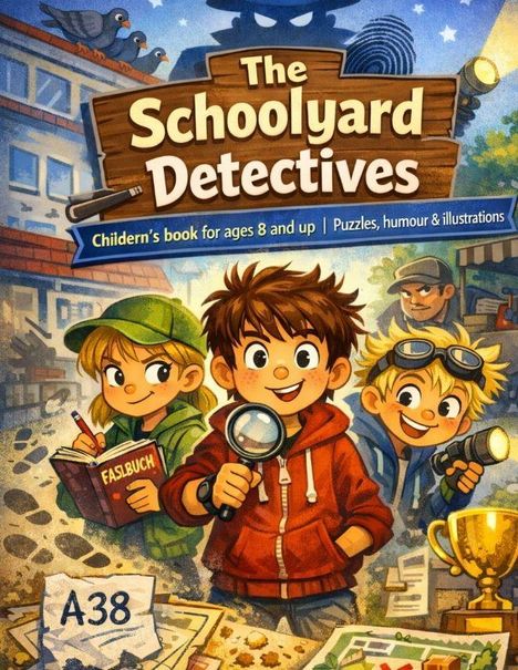 "The Schoolyard Detectives" in großer Schrift, Kinderbuch für 8+, mit Puzzles. Drei Kinder, eines mit Lupe, fröhlich und abenteuerlustig.