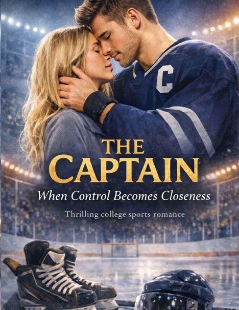„THE CAPTAIN: When Control Becomes Closeness. Thrilling college sports romance.“ Ein Paar in inniger Umarmung. Im Hintergrund ein Eishockeystadion mit Ausrüstung im Vordergrund.